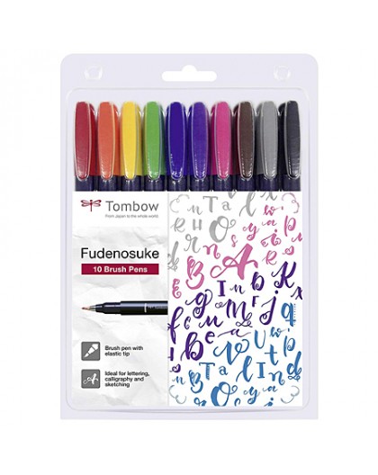 Tombow Fudenosuke set 10 brush pens hard tip