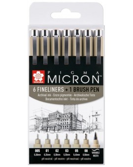 Sakura Pigma Micron set 6 fineliners + 1 brush pen zwart