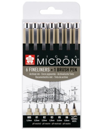 Sakura Pigma Micron set 6 fineliners + 1 brush pen zwart