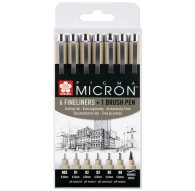 Sakura Pigma Micron set 6 fineliners + 1 brush pen zwart