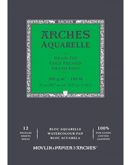 Arches aquarelblok 1-zijdig gelijmd, 12 vel 300g/m² cold pressed, A4