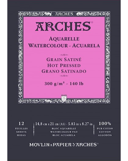 Arches aquarelblok 300g/m² Grain Satiné / hot pressed - 1 zijdig gelijmd